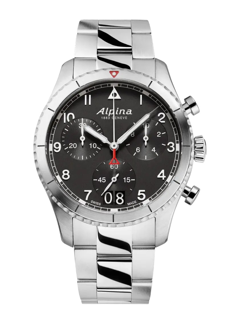 Alpina Startimer Pilot Chronograph herenhorloge 41mm met zwarte wijzerplaat, grote datum en roestvrijstalen band. Zwitsers design voor piloten.