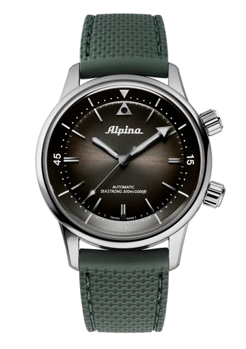 Alpina Heritage Diver 300 herenhorloge 42mm met groene rubberen band en zwart-grijze wijzerplaat. Swiss Made automatisch duikhorloge voor heren.