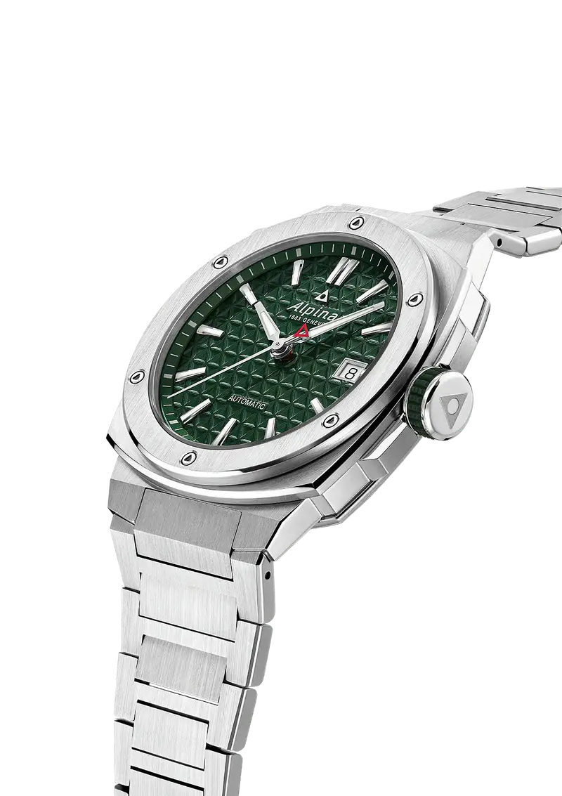 Alpina Automatic Green Dial Herenhorloge met 41mm roestvrijstalen kast en Zwitsers uurwerk. Luxe herenhorloge met groene wijzerplaat en datumfunctie.