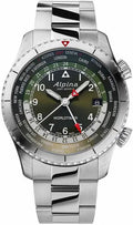 Alpina Startimer AL-255GR4S26B Pilot Worldtimer herenhorloge 41mm met roestvrijstalen band, groene wijzerplaat en wereldtijdfunctie.