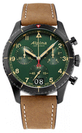 Alpina Startimer Pilot AL-372GR4FBS26 Chronograph Herenhorloge 41mm met groene wijzerplaat, zwarte kast en bruine leren band. Swiss Made precisie en stijl.