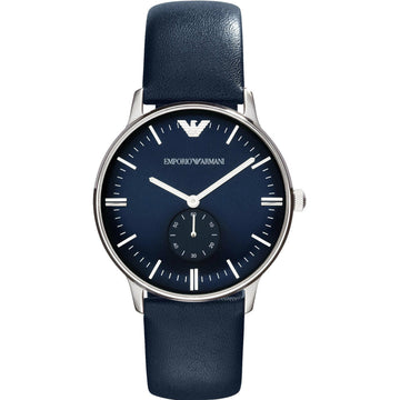 Armani Herenhorloge - Grijs RVS Kast, Blauwe Wijzerplaat & Leren Band - 37-40 mm