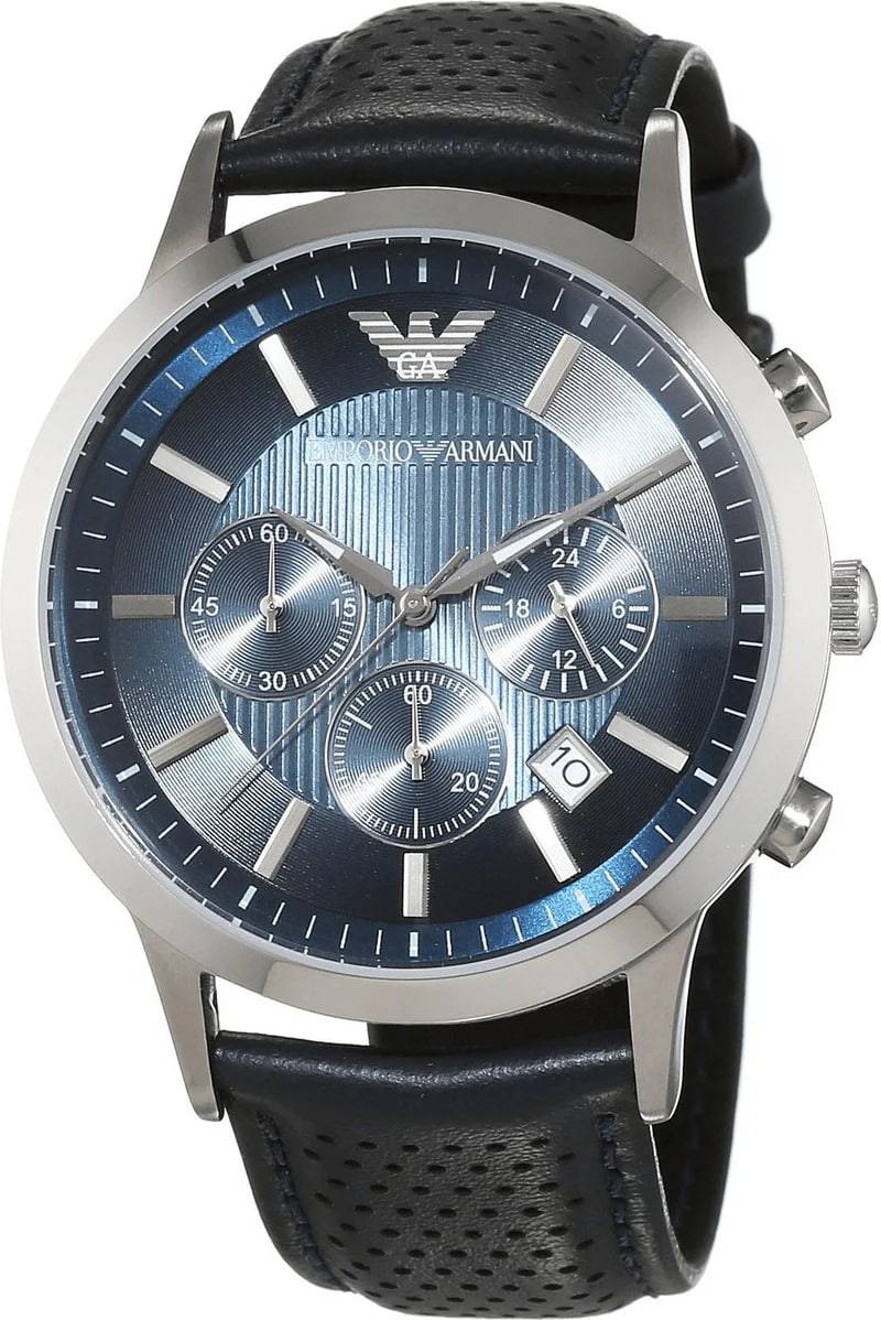 Armani Herenhorloge Zilverkleurig met Blauwe Wijzerplaat en Lederen Band 41-45mm