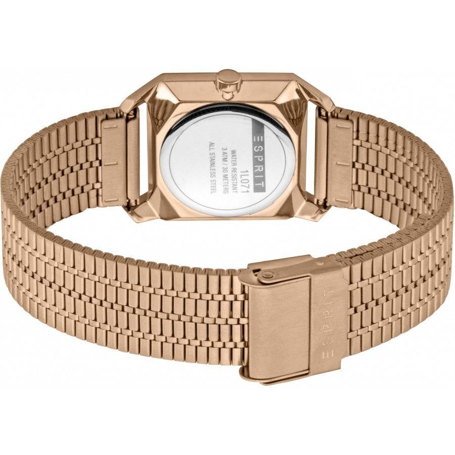 Achteraanzicht van de Esprit Cube Mini Dameshorloge 25mm - ES1L071M0035 met roségouden schakelband en sluiting. Elegant design voor dagelijks gebruik.