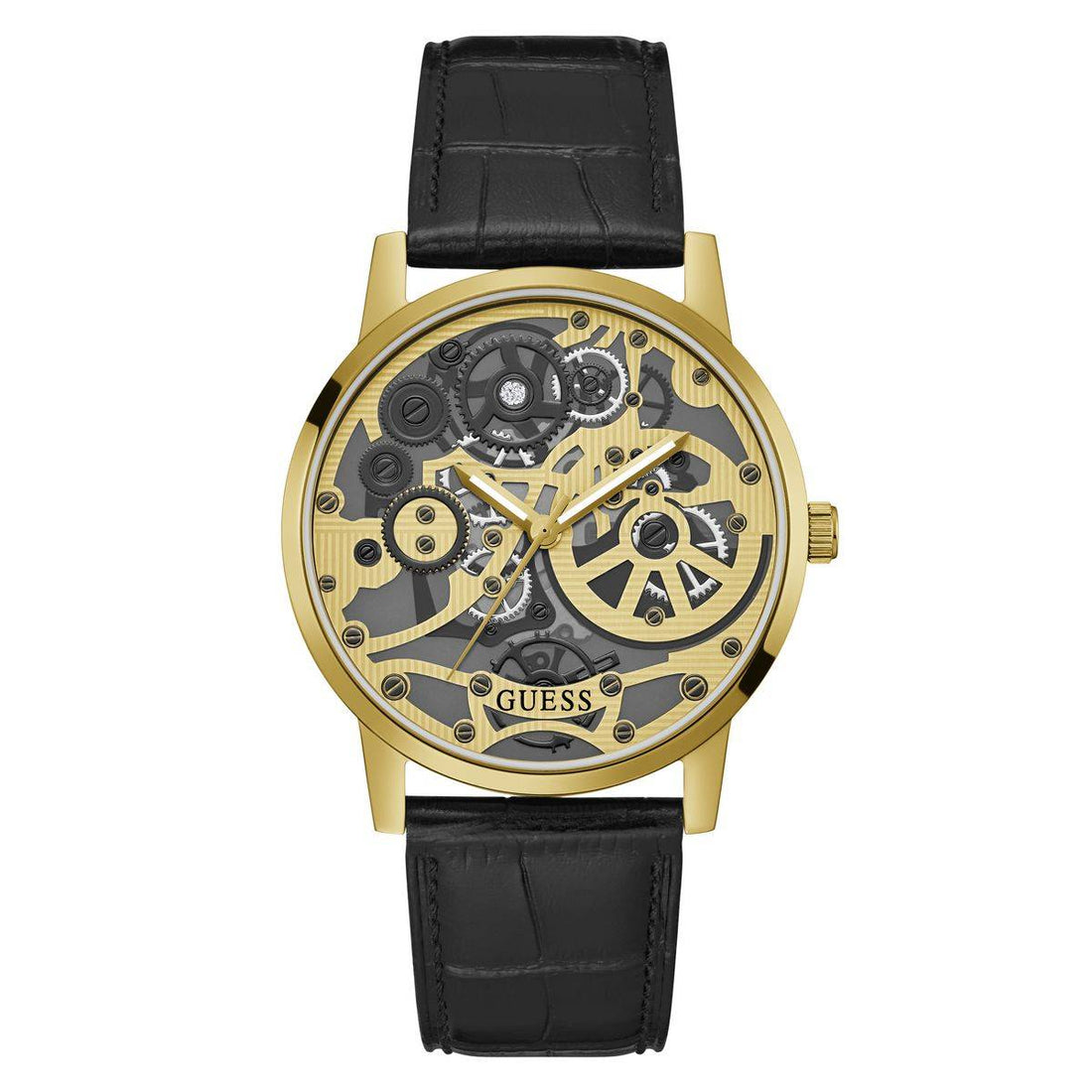 Guess Herenhorloge Goudkleurig RVS Zwart Leer, 41-45mm