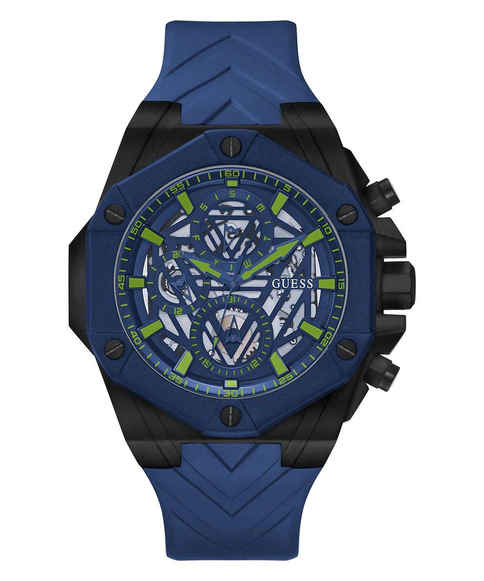 Guess Herenhorloge Zwart Resin Kast Blauwe Siliconen Band 46-52mm
