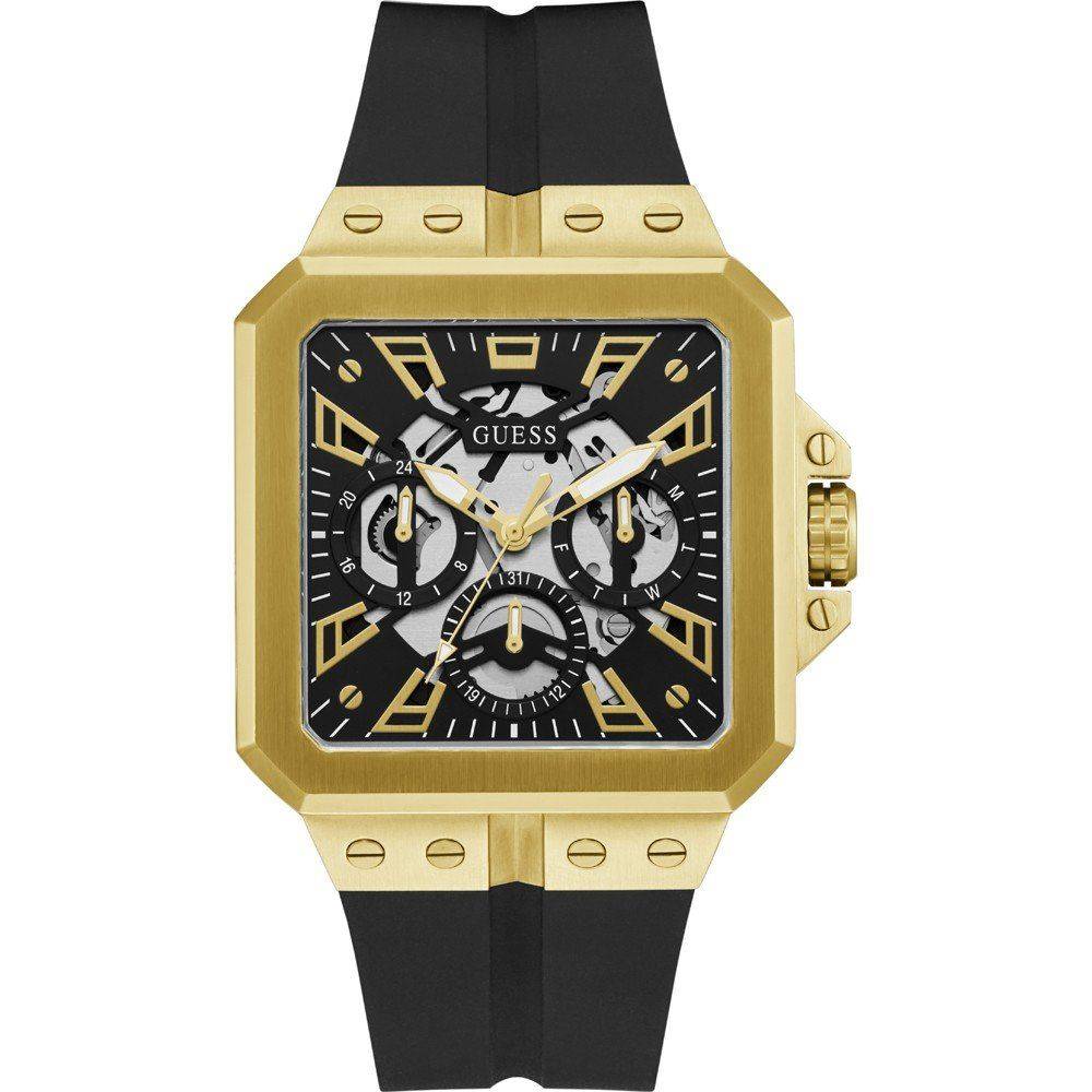 Guess Herenhorloge Goudkleurig RVS met Zwarte Silicone Band - GW0637G2 41-45mm