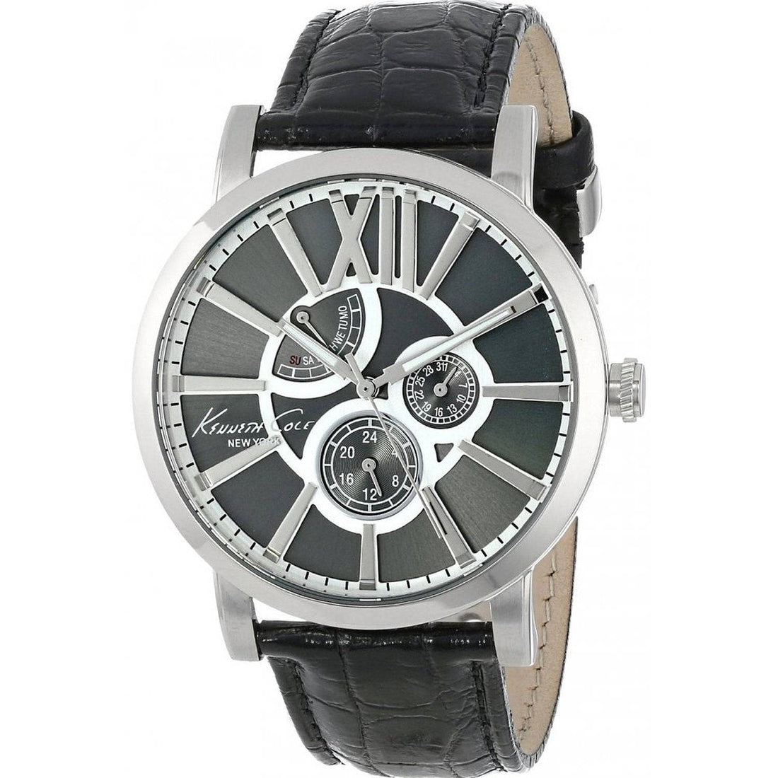 Elegant Kenneth Cole Herenhorloge - Zilverkleurige RVS Kast, Zwarte Wijzerplaat & Leren Band - 41-45 mm