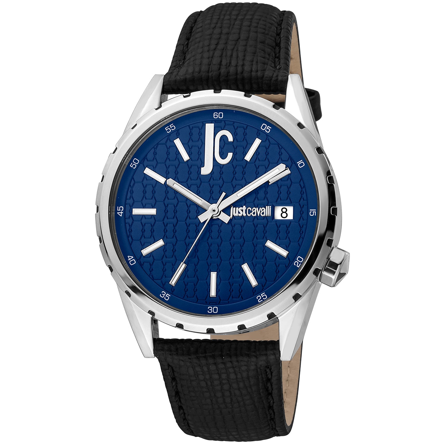 Just Cavalli Herenhorloge - Grijs RVS Kast, Zwarte Leren Band, Blauwe Wijzerplaat - 41-45mm