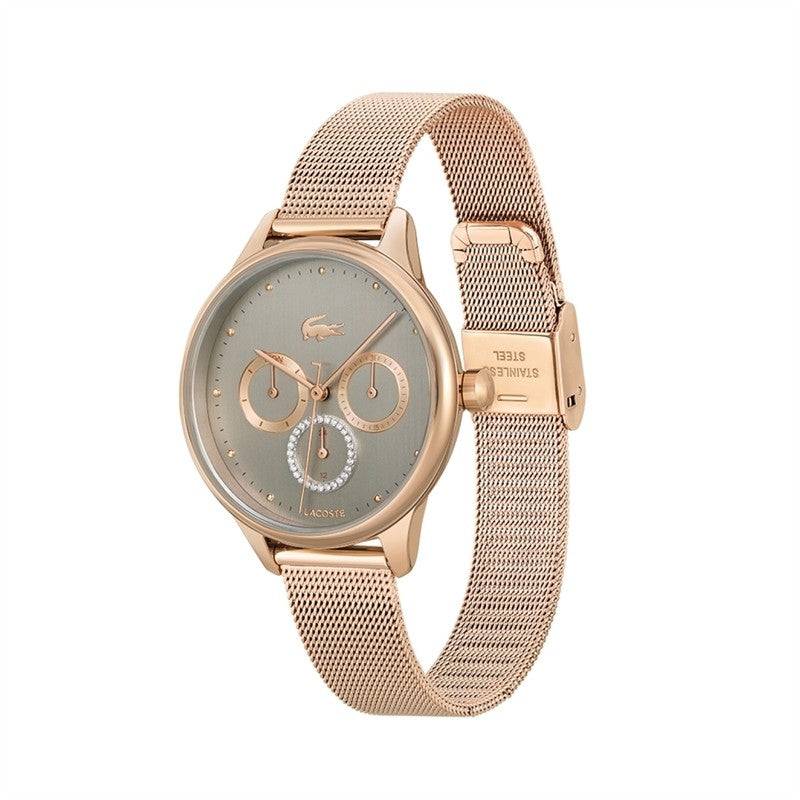 Lacoste BirdieLC2001090 dameshorloge 36mm met roségouden mesh band, quartz uurwerk en multifunctionele wijzerplaat, ideaal voor dagelijks gebruik.