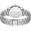 Lacoste Dameshorloge 36mm LC2001239 met zilverkleurige roestvrijstalen schakelband en gegraveerd Lacoste-logo op de sluiting en achterkant.