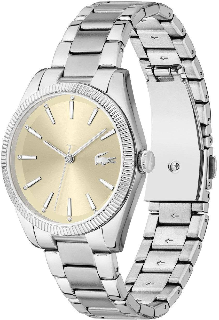 Lacoste Dameshorloge 36mm LC2001239 met zilverkleurige schakelband en goudkleurige wijzerplaat, elegant accessoire voor damesmode.