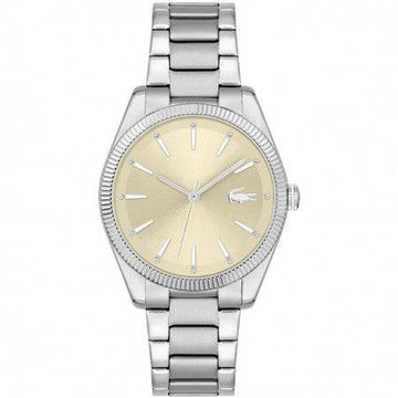 Lacoste Dameshorloge 36mm LC2001239 met zilverkleurige schakelband en champagnekleurige wijzerplaat, stijlvol accessoire voor dames.