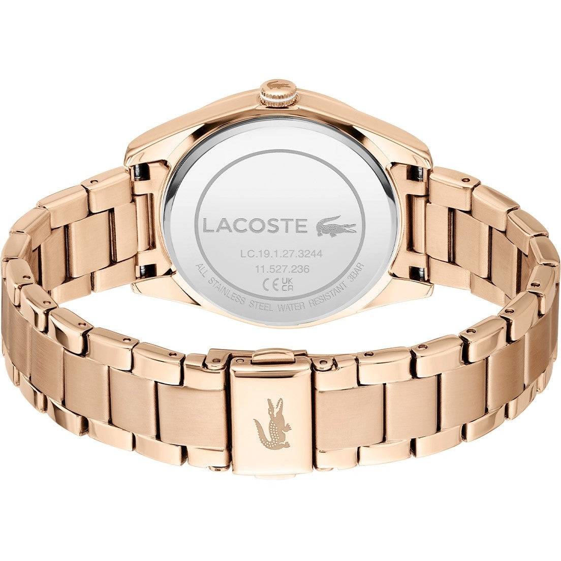 Lacoste dameshorloge LC2001242 in roségoud met 36mm kast en roestvrijstalen schakelband, elegant en waterbestendig ontwerp.