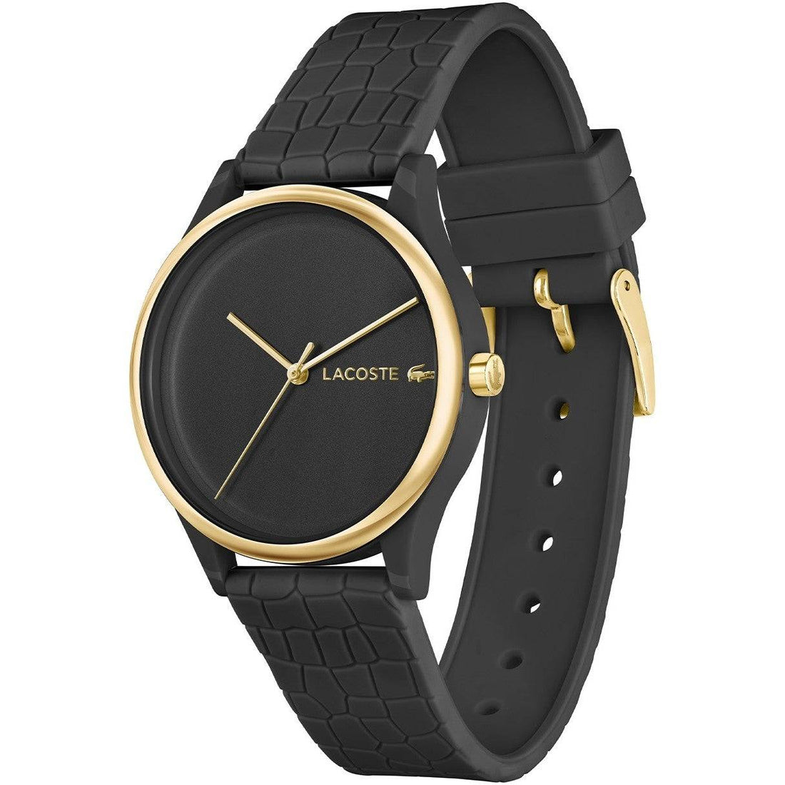 Lacoste Dameshorloge 36mm - Crocodelle Band met zwarte wijzerplaat, goudkleurige accenten en reliëf crocodelle-band. Waterdicht en quartz uurwerk.
