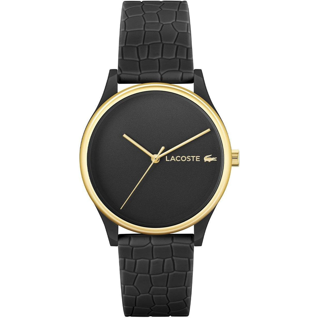 Lacoste Dameshorloge 36mm - Crocodelle Band met zwarte wijzerplaat, goudkleurige accenten en reliëf crocodelle-band. Waterdicht en quartz uurwerk.
