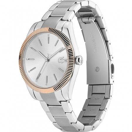 Lacoste Dameshorloge 36mm - Lacoste Parisienne met zilveren wijzerplaat en roségouden lunette. Luxe dames horloge voor elke gelegenheid.