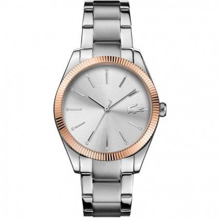 Lacoste Dameshorloge 36mm - Lacoste Parisienne met zilverkleurige schakelband en roségouden bezel. Elegant luxe design voor dames.