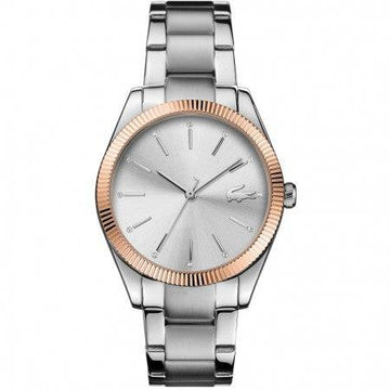 Lacoste Dameshorloge 36mm - Lacoste Parisienne met zilverkleurige schakelband en roségouden bezel. Elegant luxe design voor dames.