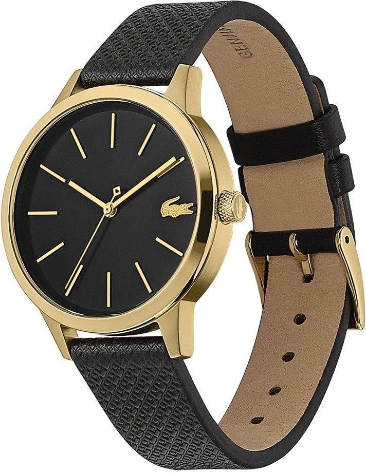Lacoste Horloge 36mm - Dames Zwart Goud met goudkleurige kast, zwart leren band en minimalistisch quartz uurwerkdesign.