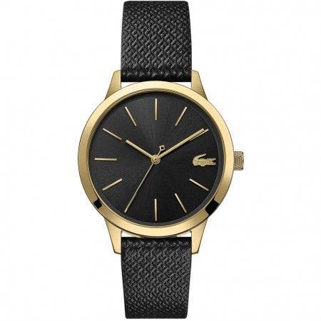 Lacoste Horloge 36mm - Dames Zwart Goud met goudkleurige kast, zwart leren band en minimalistisch quartz uurwerkdesign.