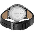 Achterkant van de Lacoste Dameshorloge FLORENCE LC2001109 met zwart leren bandje en roestvrijstalen kast, waterdicht tot 30 meter.