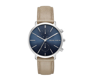 Michael Kors Herenhorloge MK8540 Zilverkleurig RVS, Beige Leren Band, Blauwe Wijzerplaat 41-45mm