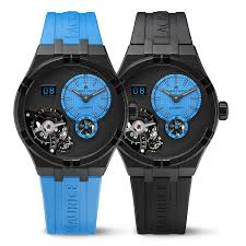Maurice Lacroix Aikon klok 45mm kopen met blauw rubberen band en opengewerkte tourbillon, luxe heren horloge met Zwitsers automatisch uurwerk.