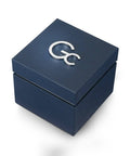 Luxe blauwe Gc horlogedoos met zilverkleurig logo, perfect voor het Gc Herenhorloge 44mm - Shape Y99004G5MF. Ideaal als cadeauverpakking of opslag.