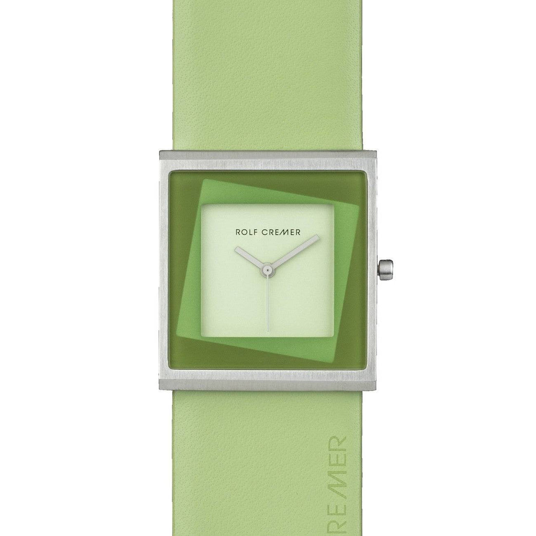 Rolf Cremer dameshorloge Yess 507204 met vierkante 34mm kast en groene leren band. Elegant ontwerp voor moderne dames.