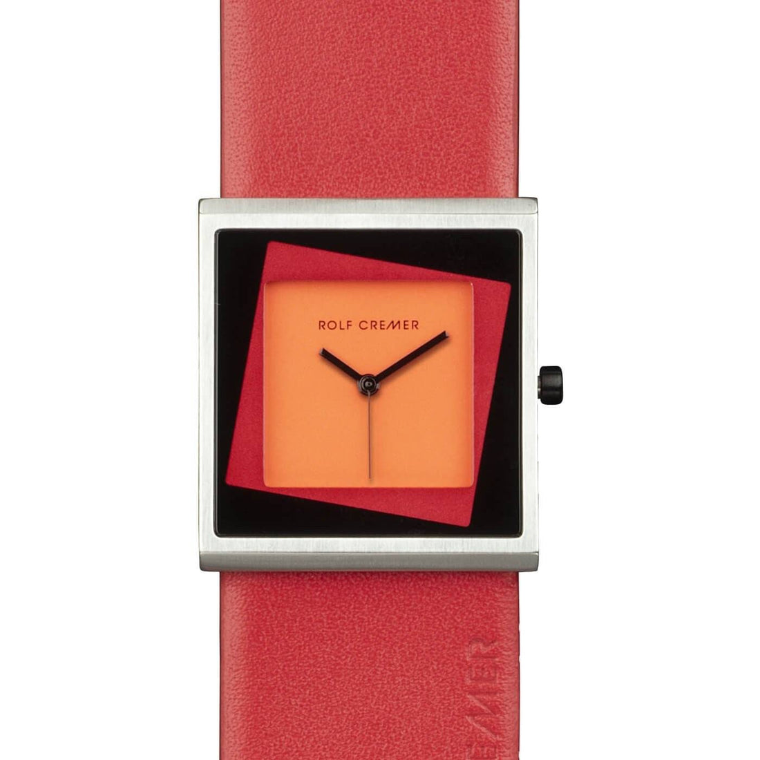Rolf Cremer dameshorloge Yess 34mm met vierkante kast, oranje wijzerplaat en rood leren bandje. Trendy design voor moderne vrouwen.