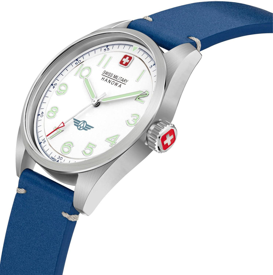 Swiss Military Hanowa SMWGA2100403 Falcon Herenhorloge 42mm met wit wijzerplaat, blauwe leren band en Zwitsers quartz uurwerk. Stijlvol herenhorloge met saffierglas en rode secondewijzer.