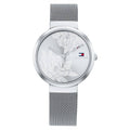 Tommy Hilfiger THGIFTSETLIBBY Libby dameshorloge 32mm met zilverkleurige mesh band en bloemenpatroon op de wijzerplaat, elegant en stijlvol.