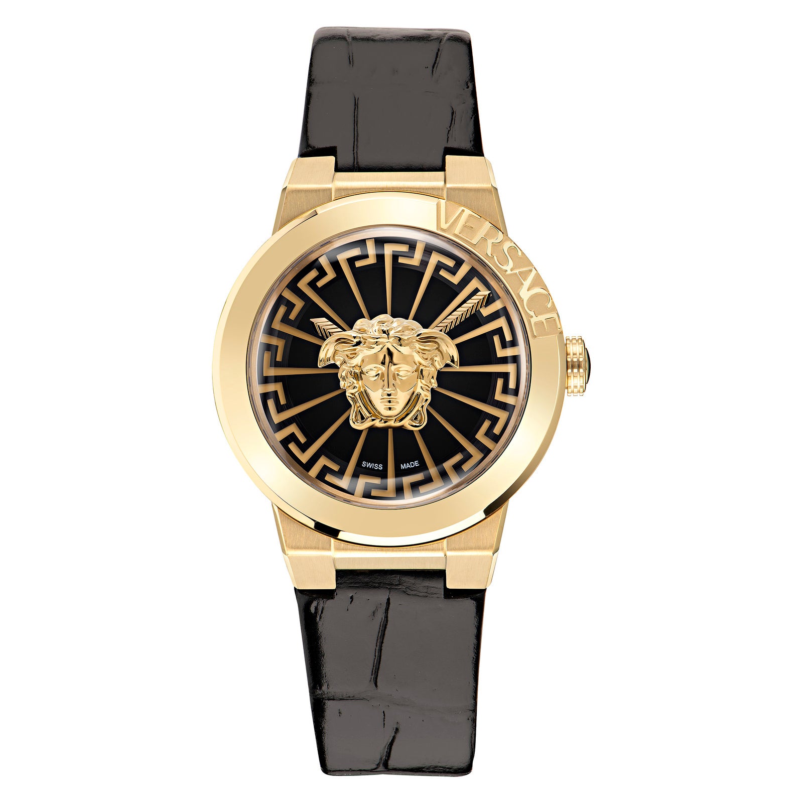 Versace Elegant Dameshorloge Goudkleurige RVS Kast Zwarte Leren Band, 37-40mm