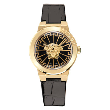 Versace Elegant Dameshorloge Goudkleurige RVS Kast Zwarte Leren Band, 37-40mm