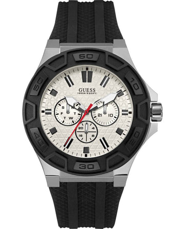 Krachtig Guess Herenhorloge – Zilverkleurig RVS met Zwarte Siliconen Band 46-52mm