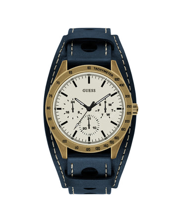 Guess Herenhorloge met Goudkleurige Kast en Blauwe Leren Band - 41-45mm