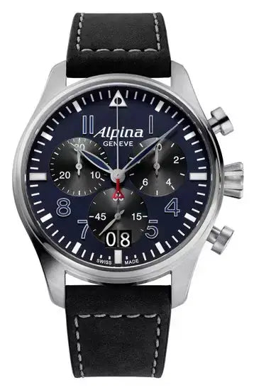 Alpina Startimer Pilot Big Date Chronograph AL-372NB4S6 herenhorloge 44mm met zwarte wijzerplaat, zilverkleurige kast en chronograaffunctie.