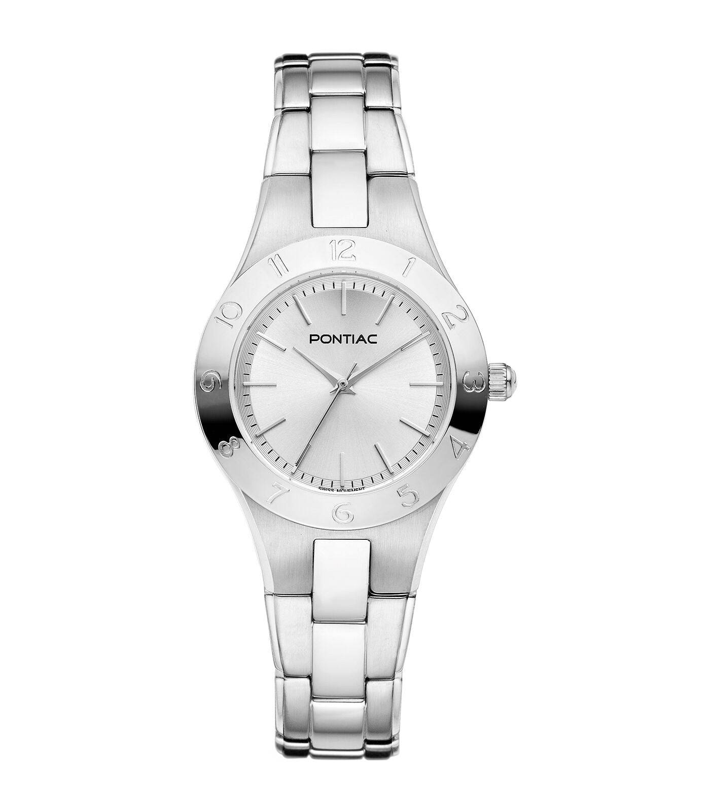 Pontiac dameshorloge Aries P10096 met zilverkleurige roestvrijstalen band en 27mm kast, elegant design voor moderne vrouwen.