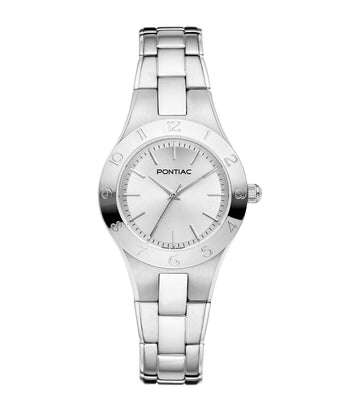 Pontiac dameshorloge Aries P10096 met zilverkleurige roestvrijstalen band en 27mm kast, elegant design voor moderne vrouwen.