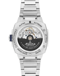 Achterkant van de Alpina Alpiner Extreme Regulator herenhorloge 41mm met zichtbare automatische Swiss made uurwerk en roestvrijstalen band.