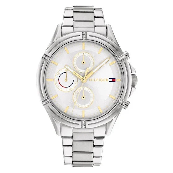 Tommy Hilfiger TH1782502 Ariana dameshorloge 38mm met zilverkleurige roestvrijstalen band en witte wijzerplaat met gouden accenten.