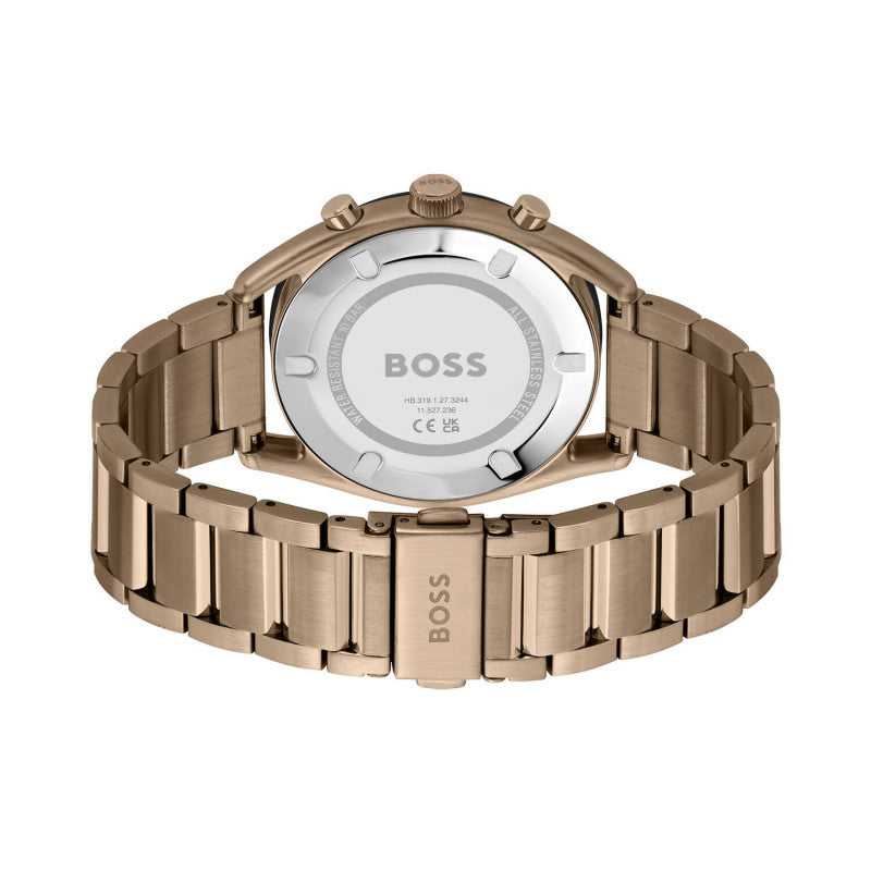 Achteraanzicht van de Hugo Boss Boss HB1514094 Top Chronograaf herenhorloge met goudkleurige roestvrijstalen schakelband. Luxe afwerking en BOSS-logo op de sluiting, perfect voor stijlvolle mannen.