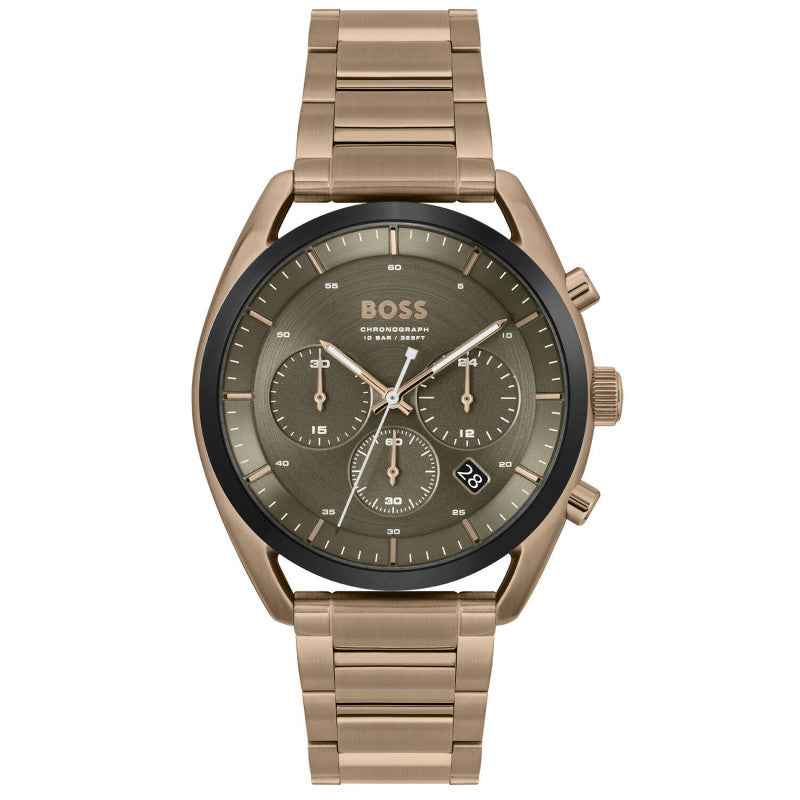 Hugo Boss Boss HB1514094 Top Chronograaf herenhorloge met goudkleurige roestvrijstalen band en olijfgroene wijzerplaat, 44mm kast.
