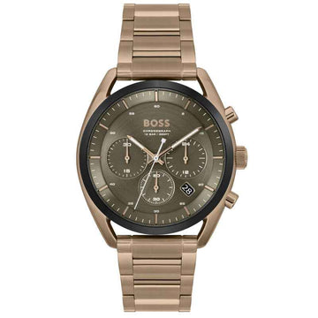 Hugo Boss Boss HB1514094 Top Chronograaf herenhorloge met goudkleurige roestvrijstalen band en olijfgroene wijzerplaat, 44mm kast.