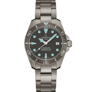 Certina DS Action Diver C0328074408100 unisex horloge 38mm met titanium kast en armband, Zwitsers duikhorloge met datumaanduiding en blauwe accenten.