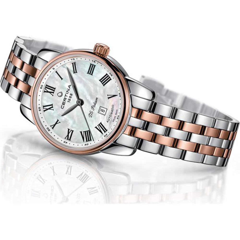 Certina DS C0010072211300 Podium Automatic dameshorloge 29mm met parelmoeren wijzerplaat en roségoud-zilveren schakelband. Luxe Swiss Made horloge voor dames.