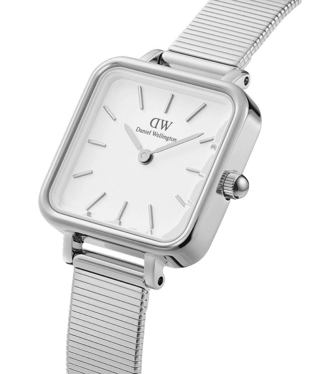 Daniel Wellington Quadro Studio DW00100521 31mm dameshorloge met vierkante witte wijzerplaat en zilveren mesh band. Stijlvolle accessoire voor elke outfit.
