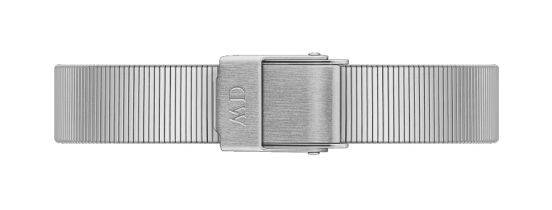 Zilverkleurige mesh horlogeband van de Daniel Wellington Quadro Studio DW00100522 dames horloge. Elegant en verstelbaar voor perfecte pasvorm.
