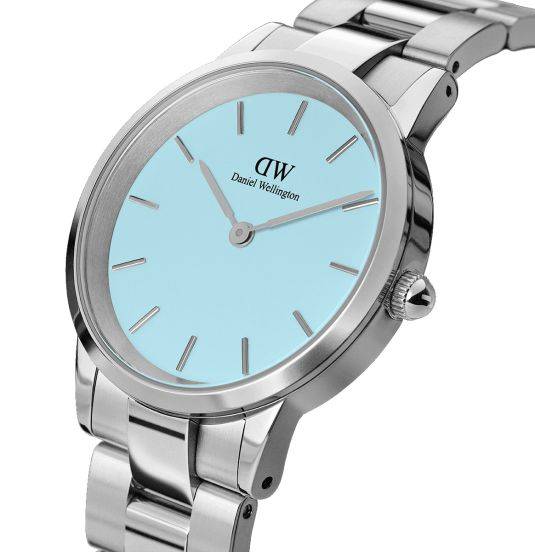 Daniel Wellington Iconic Link Capri Horloge 32mm DW met lichtblauwe wijzerplaat en zilverkleurige schakelband, damesmodel DW00100541.
